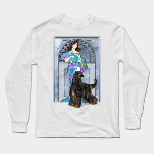 Mucha/Watson. Black & Tan Afghan Hound.Elegant brunette female. Long Sleeve T-Shirt